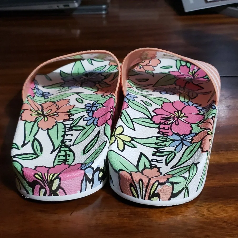 Adidas Adilette GY8288 primegreen floral coral slides.  Sz 9 - Picture 2 of 4